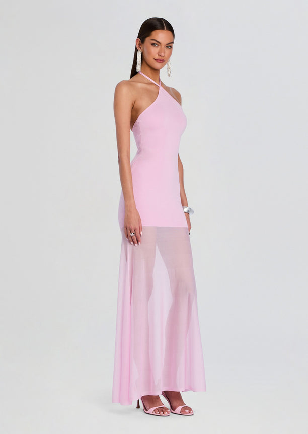 Front view of a pale pink Jemma Knit Maxi Dress with a halter neckline and sheer mesh lower skirt.