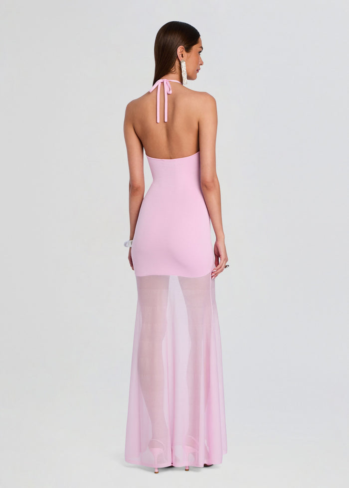 Back view of the pale pink Jemma Knit Maxi Dress showing a halter neck tie and sheer lower skirt panel. media 4 of 5