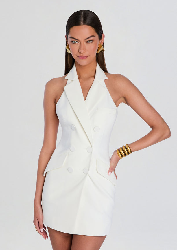 Juniper Mini Dress on model, white sleeveless blazer style mini with wide lapels and double row buttons and front pockets.