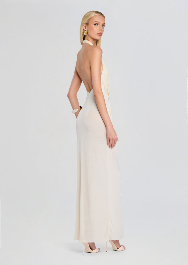 Back view of ivory Kayla Maxi Dress featuring a halter neckline and open back