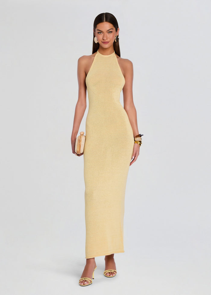 Keri Knit Maxi Dress on model in pale yellow halter neck knit gown. media 1 of 5