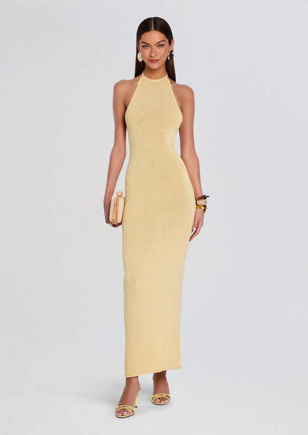 Keri Knit Maxi Dress on model in pale yellow halter neck knit gown.