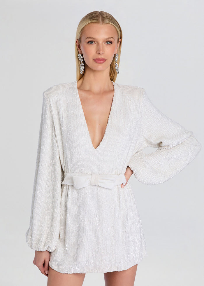 Front view of Lilai Sequin Dress with a deep V neckline, shimmering fabric, and a waist belt media 5 of 5