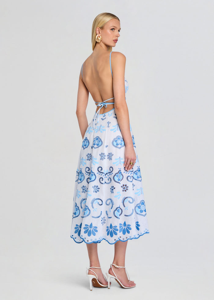 Back view of the Gardea Long Dress with open back and tie fastening. media 4 of 5