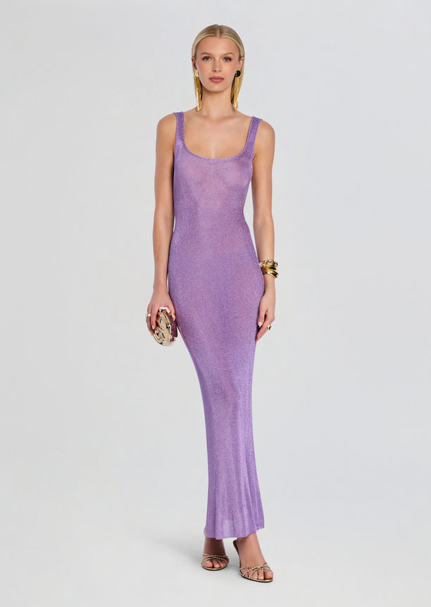 Full-length view of a model wearing the Martina Metallic Knit Maxi Dress in lavender metallic knit with a scoop neckline