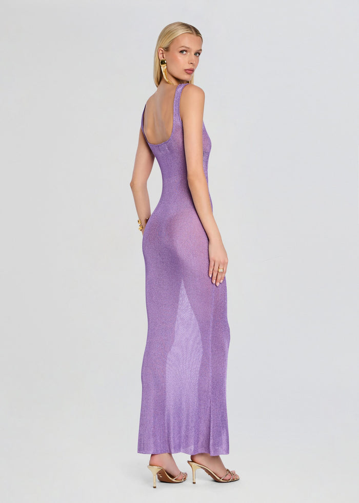 Back view of lavender metallic knit maxi dress on a model media 4 of 5