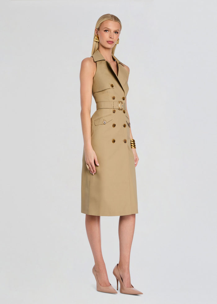 Milano Dress front view in beige trench style with double breasted buttons belt and nude heels media 3 of 5