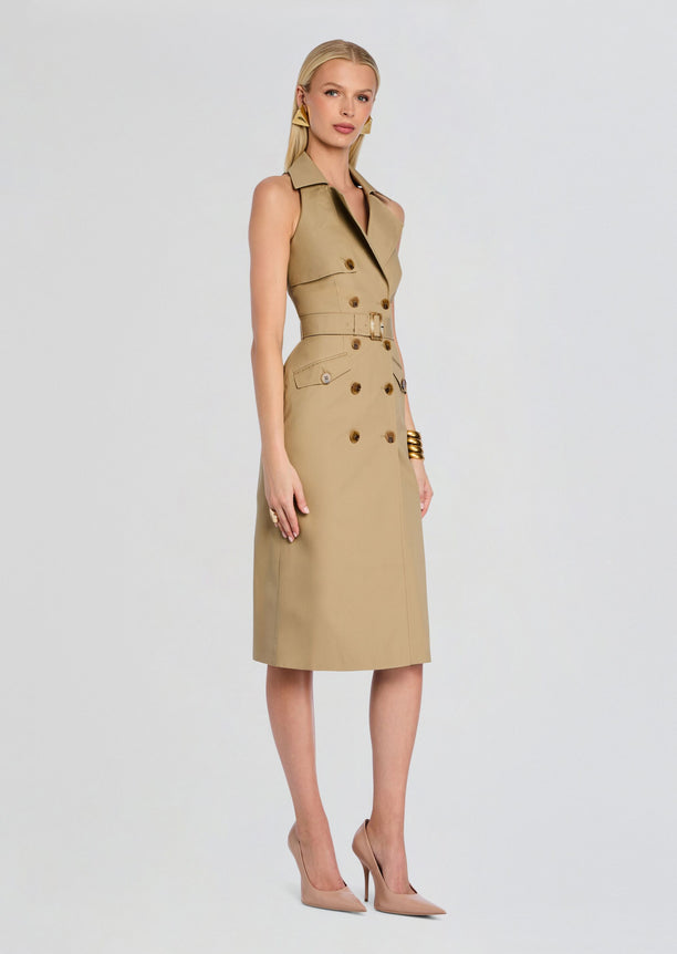 Milano Dress front view in beige trench style with double breasted buttons belt and nude heels