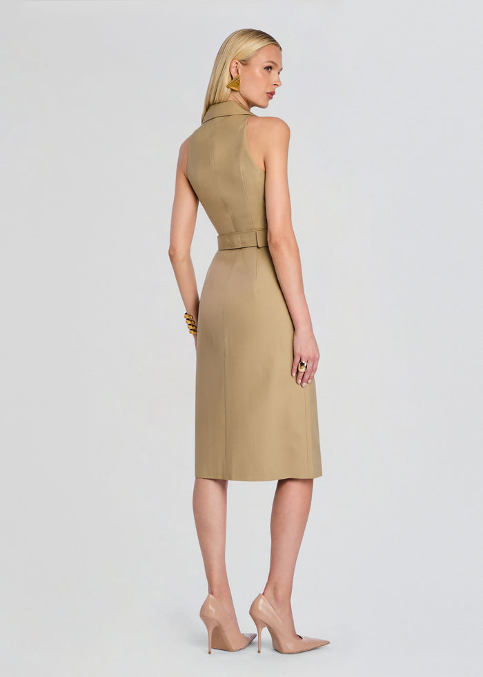 Back view of Milano Dress on a model with a waist belt and tailored silhouette media 4 of 5