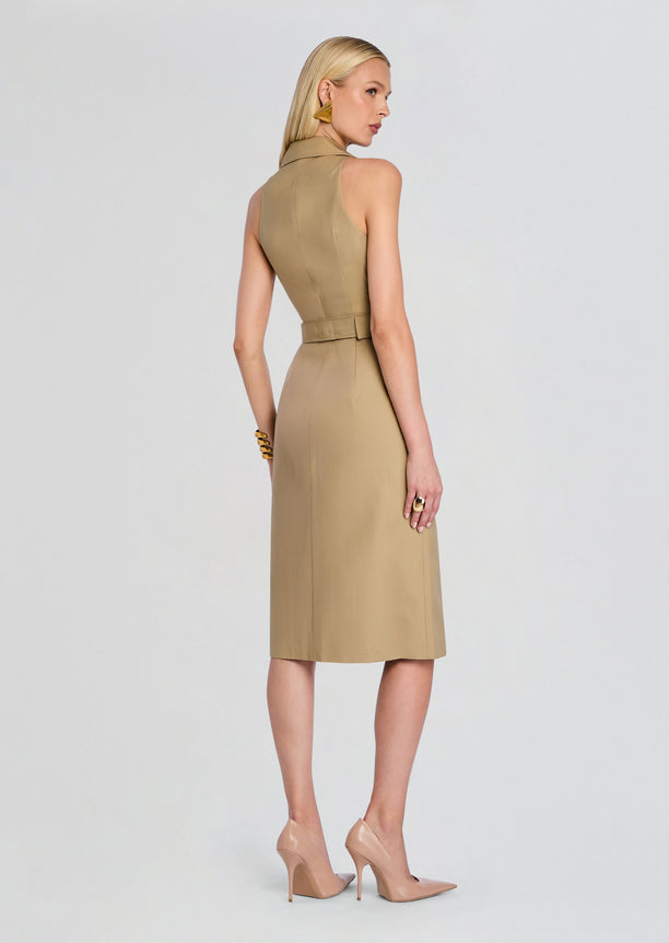 Back view of Milano Dress on a model with a waist belt and tailored silhouette