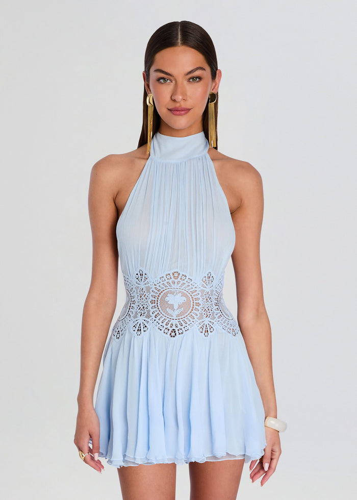 Front view of a light blue Nirvanna Dress with halter neckline and intricate lace waistband. media 5 of 5