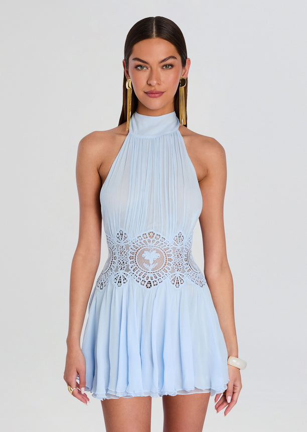 Front view of a light blue Nirvanna Dress with halter neckline and intricate lace waistband.