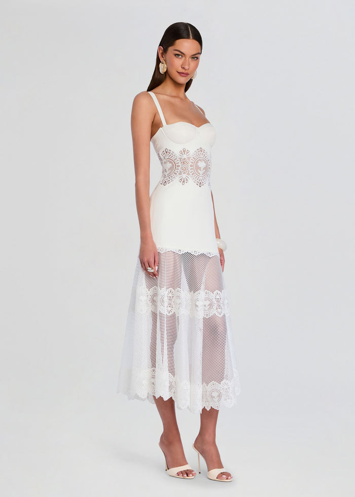 Side view of Olenna Dress on a model showing the lace waist panel and sheer lace skirt media 3 of 5