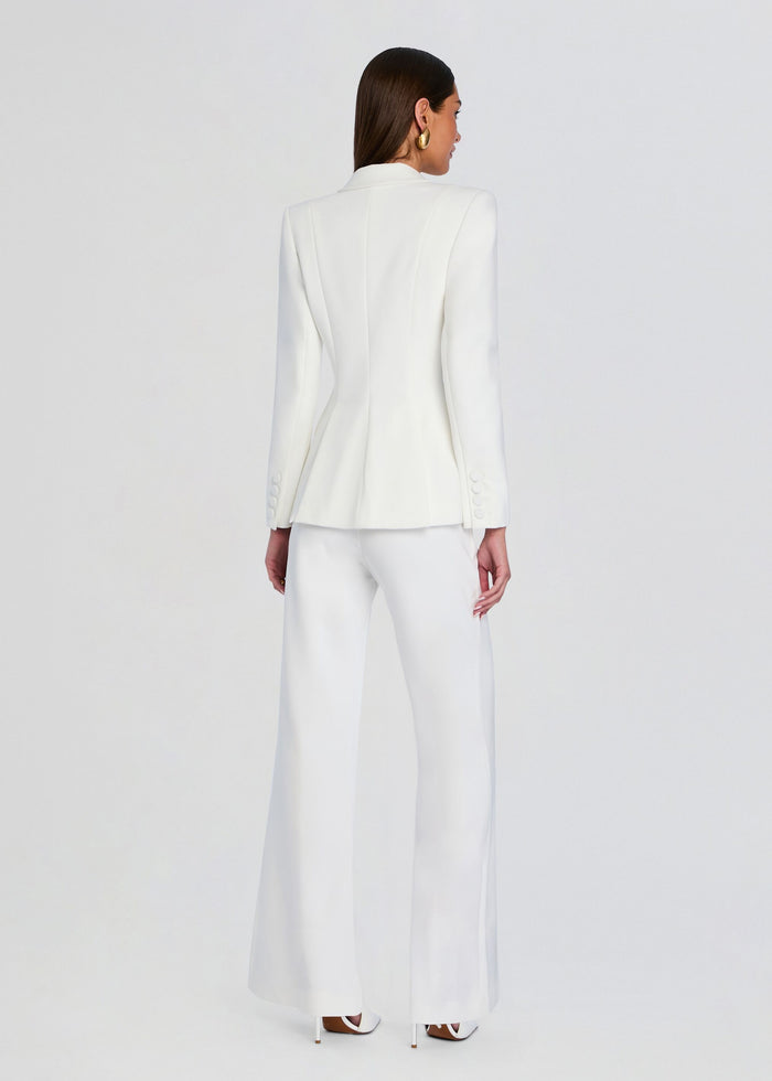 Back view of a model in a white Pin Tuck Palazzo Pants suit with blazer media 5 of 5