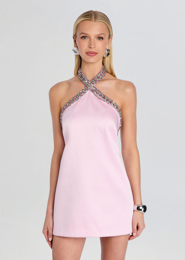 Sabry Embellished Dress pink satin mini with crystal embellished cross halter neckline on a model.