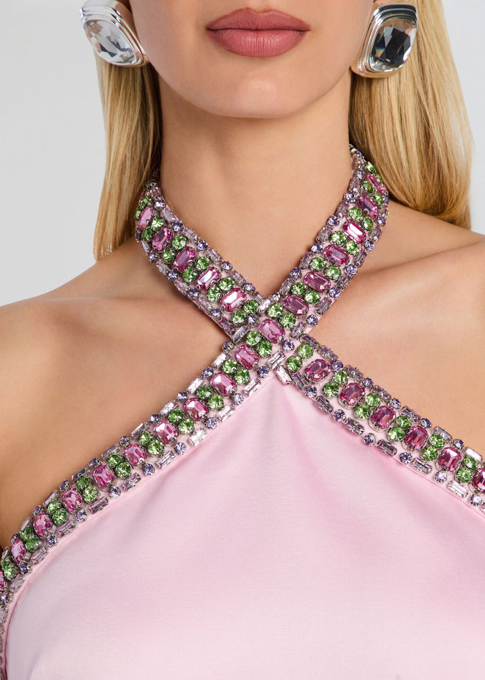 Close up of Sabry Embellished Dress neckline with pink satin fabric and crystal beaded crisscross straps media 2 of 5
