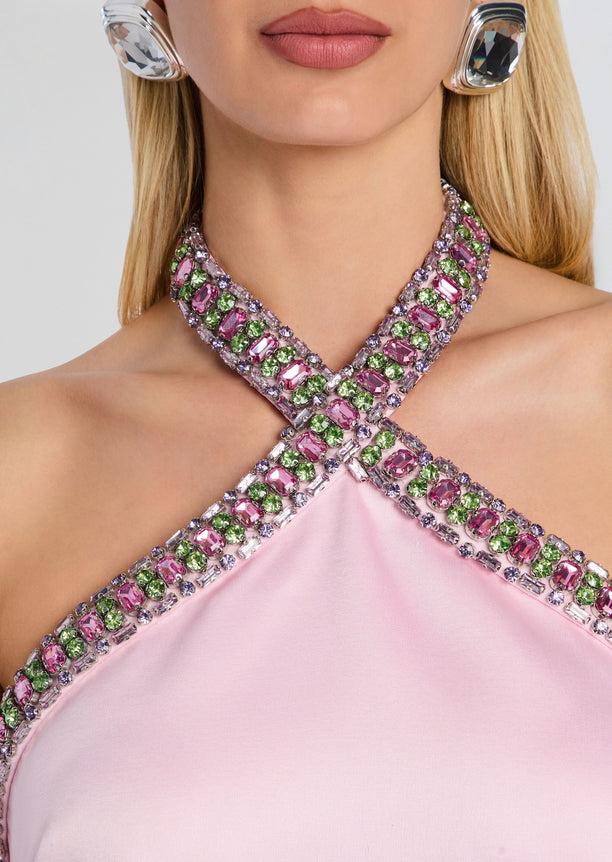 Close up of Sabry Embellished Dress neckline with pink satin fabric and crystal beaded crisscross straps