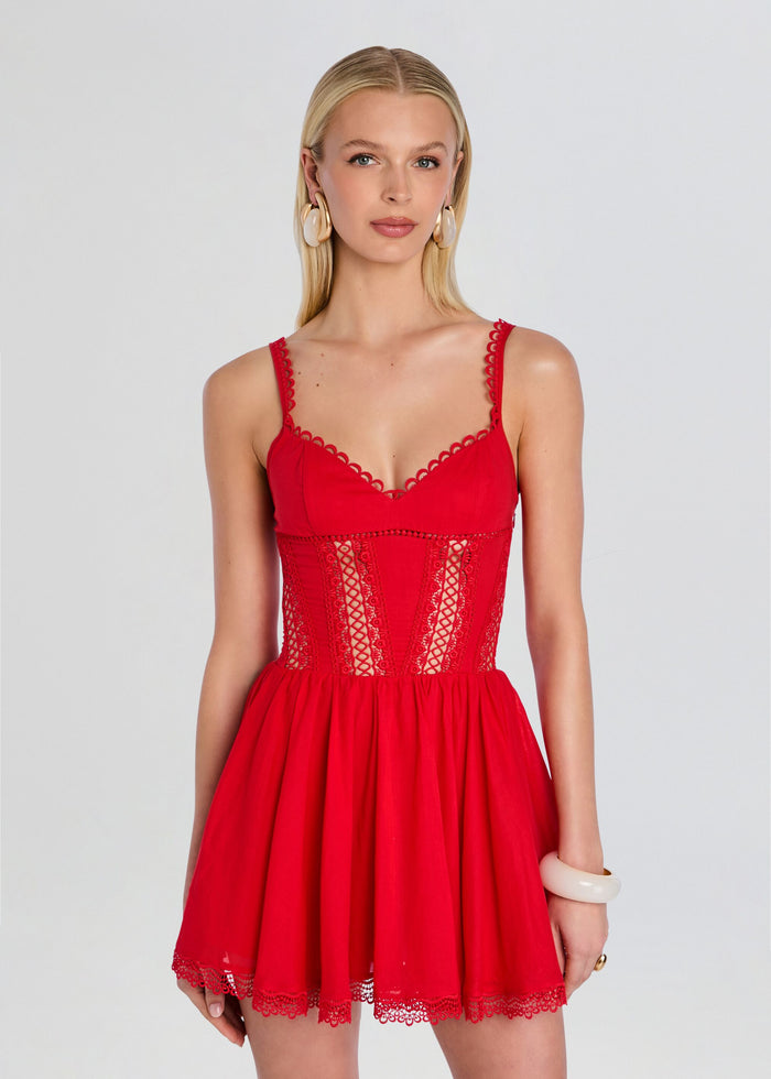 Front view of Gardenia Short Dress in red with lace panels at the bodice, scalloped neckline and straps. media 5 of 5