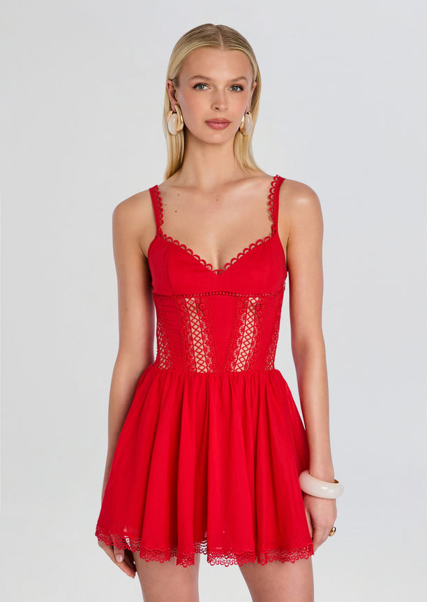 Front view of Gardenia Short Dress in red with lace panels at the bodice, scalloped neckline and straps.