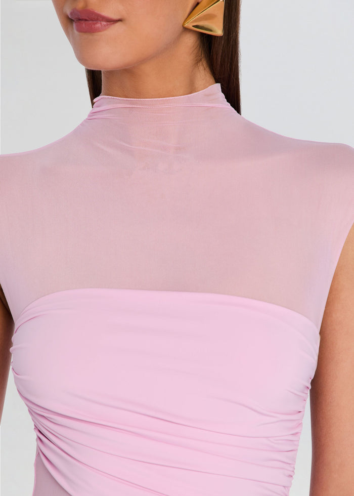 Close-up of the pink sheer mesh neckline on the Tabitha dress, highlighting the high collar and translucent yoke. media 2 of 5