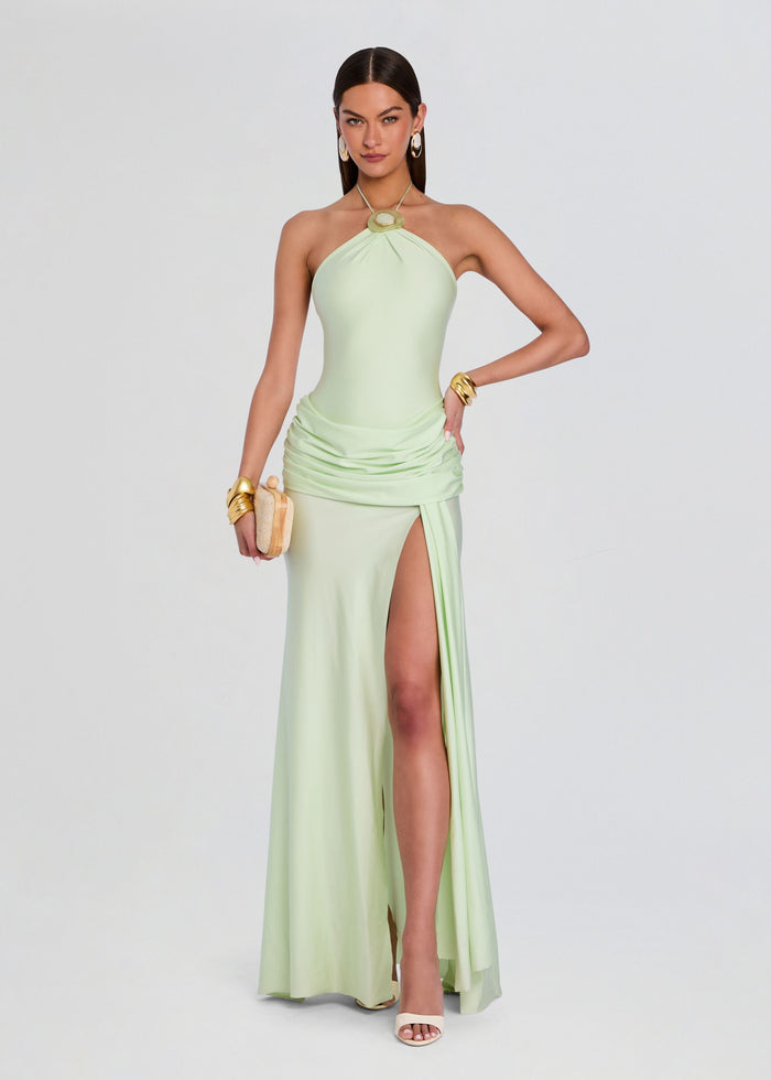 Valentine Maxi Dress full length mint halter gown with draped waist and thigh-high slit media 1 of 5