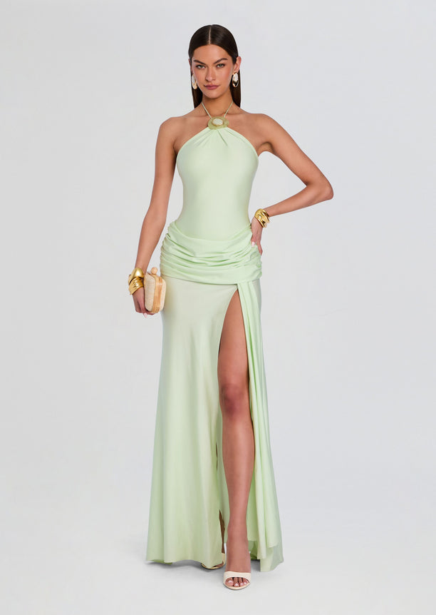 Valentine Maxi Dress full length mint halter gown with draped waist and thigh-high slit