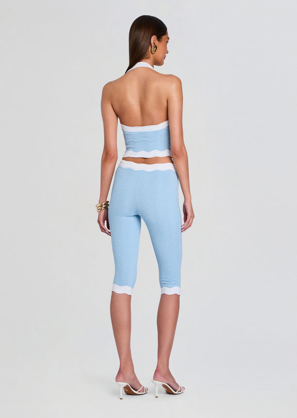 Back view of Leena Rib Knit Top and matching light blue rib knit capri pants with white trim