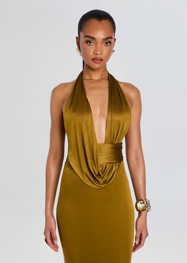 Front view of Payton Dress in mustard satin with halter neckline and draped front panels.