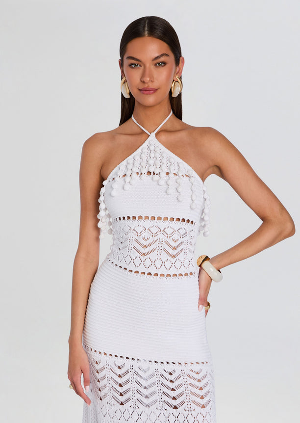 Perette Crochet Dress white halter neck crochet dress with pom pom fringe