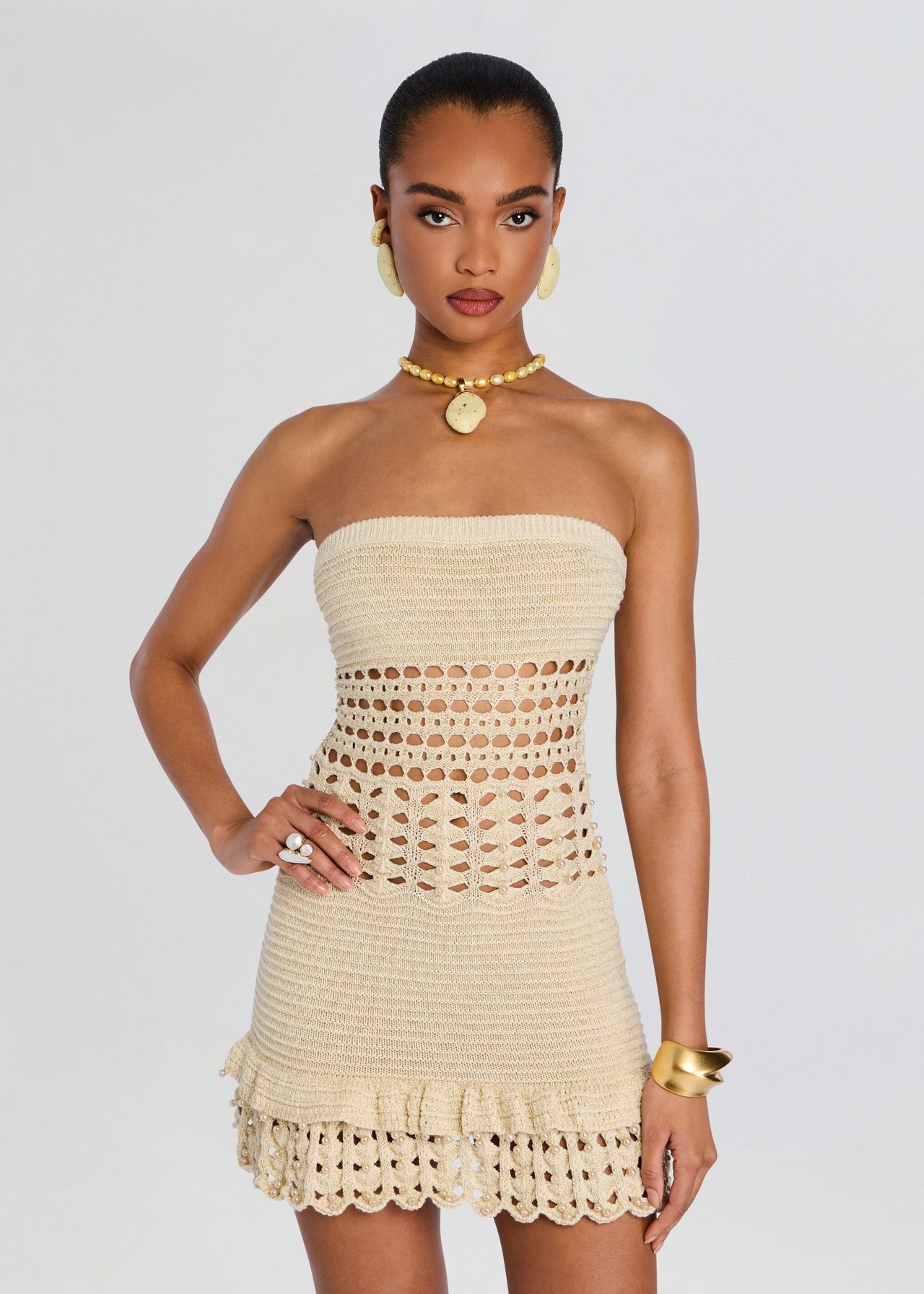white christmas dresses Vali Metallic Crochet Pearl Dress – Retrofete