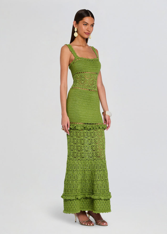 Olive green crochet Winona dress with a fitted bodice and lace panels, full length on the model. media 3 of 5