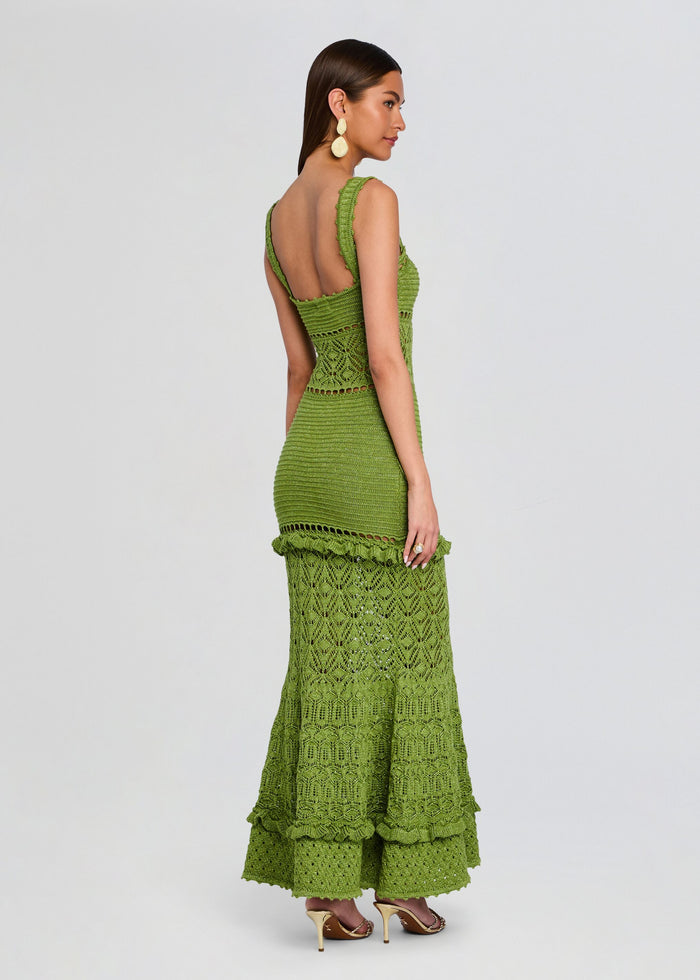 Back view of the olive green crochet Winona dress featuring an open back and textured lace midsection. media 4 of 5