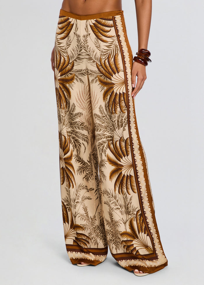 Sunny Pant beige wide leg pants with brown palm leaf print and side border trim media 4 of 5
