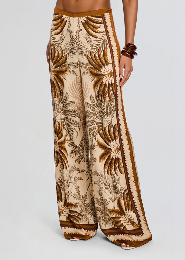 Sunny Pant beige wide leg pants with brown palm leaf print and side border trim