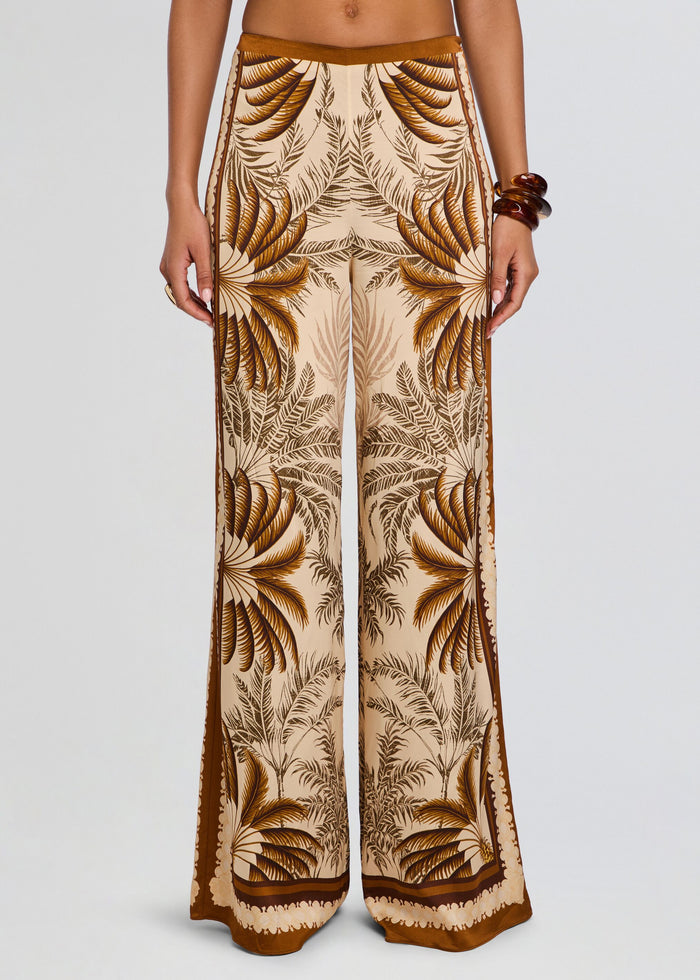 Front view of Sunny Pant wide-leg pants in beige with brown palm leaf print and brown trim media 1 of 5