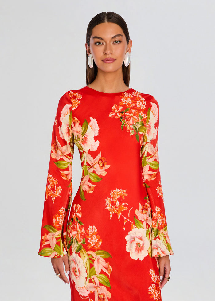 Front view of the Hibi Back Ties Maxi Dress in red floral print worn by a model media 5 of 5