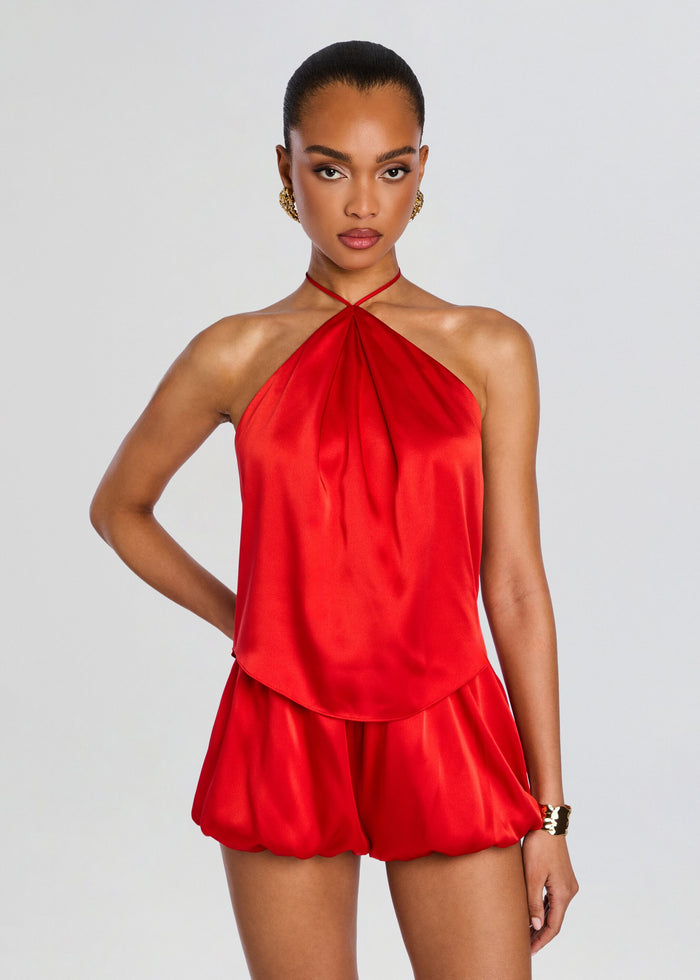 Beckham Tank in bright red satin with halter neckline and draped front on model. media 1 of 5