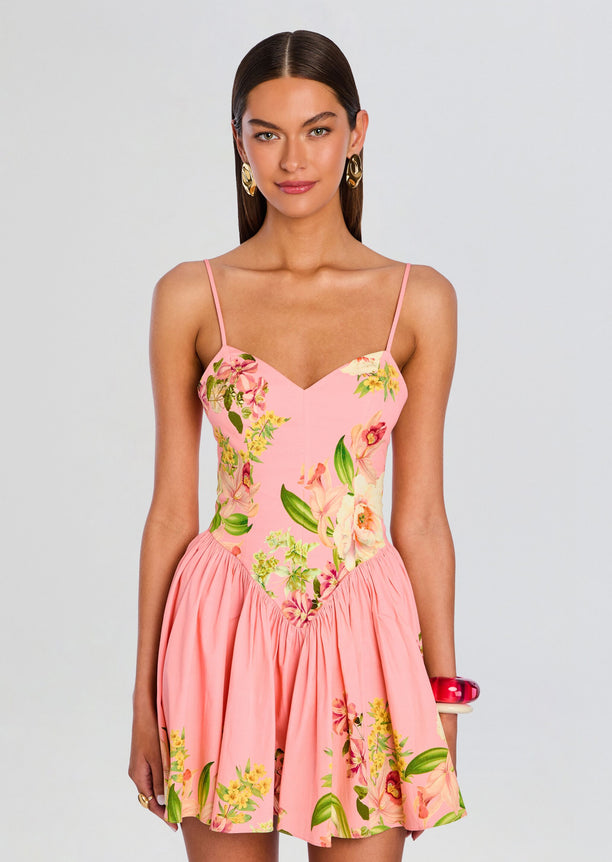 Front view of Lena Corseted Mini Dress in pink floral print with a sweetheart neckline and slim straps