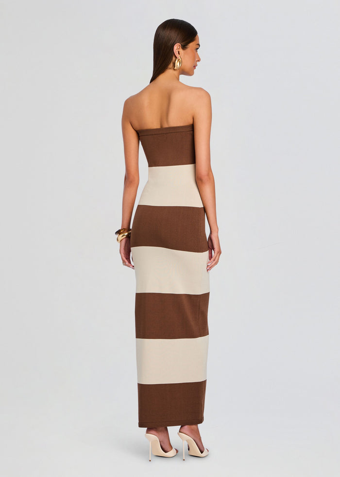 Back view of a strapless brown and cream Carrie Knit Maxi Dress on a model media 4 of 6