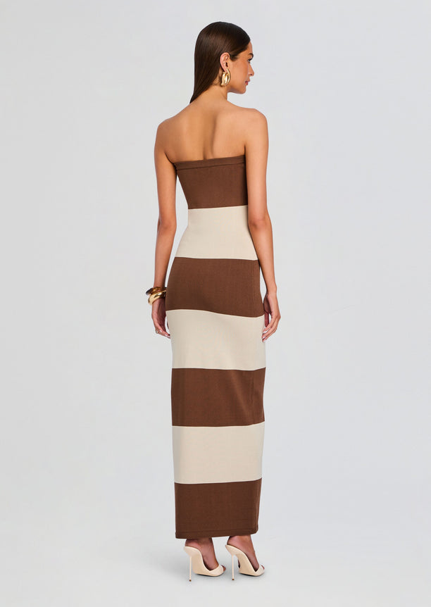 Back view of a strapless brown and cream Carrie Knit Maxi Dress on a model