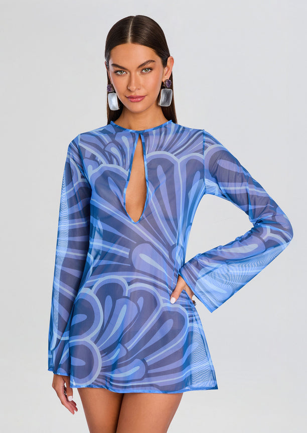 Catherine Mini Dress in blue abstract print with long sleeves and a front keyhole neckline.