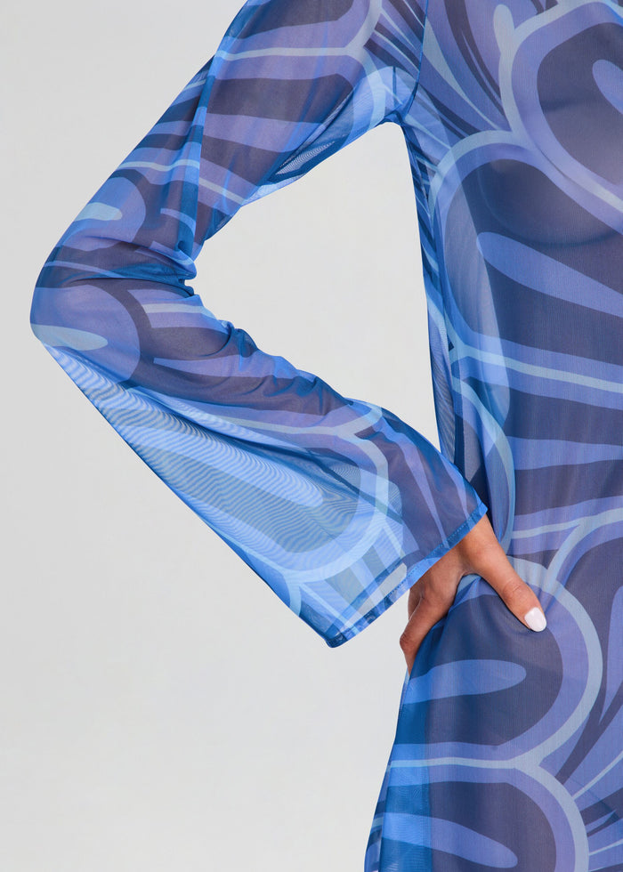 Close up of the blue abstract print sleeve on the Catherine Mini Dress. media 2 of 5