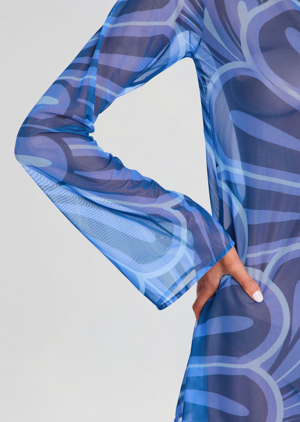 Close up of the blue abstract print sleeve on the Catherine Mini Dress.