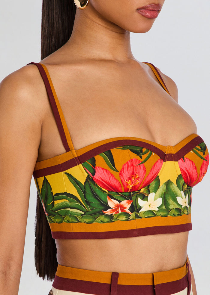 Cricket Bustier Top with tropical floral print, mustard and burgundy trim, and slim shoulder straps. media 3 of 5