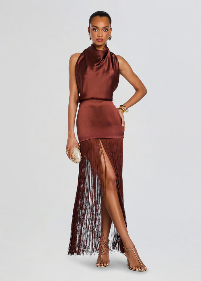 Cyrelle Dress in copper satin with a draped high neckline and a long fringe skirt worn by a model media 3 of 5