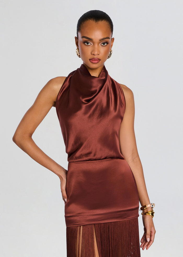Front view of Cyrelle Dress rust satin with a draped cowl neck and long fringe skirt. media 5 of 5