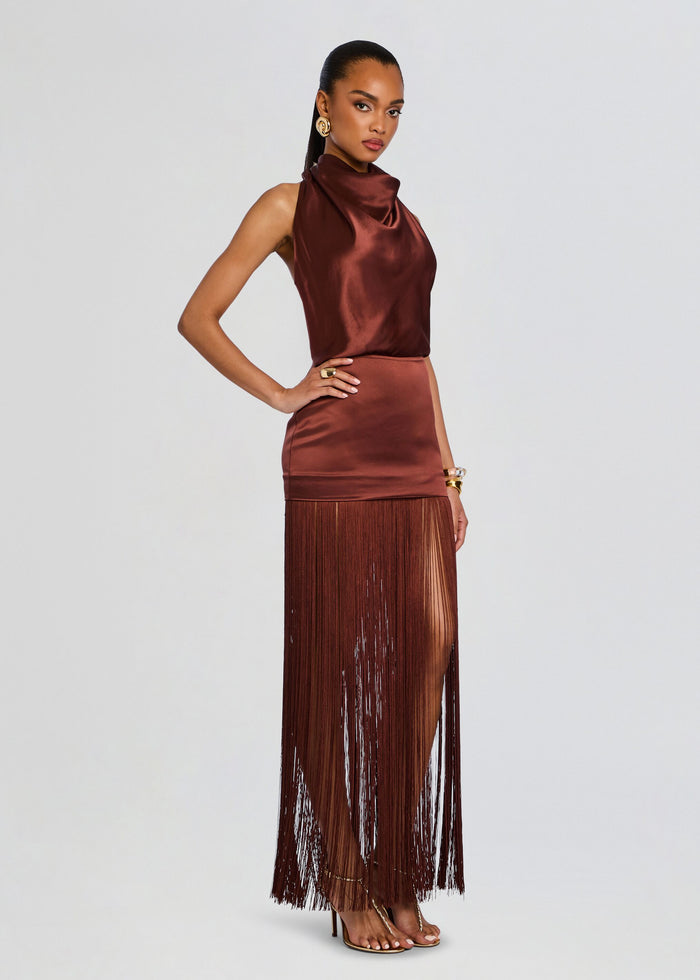 Cyrelle Dress copper satin sleeveless top with a draped neckline and a long fringe skirt viewed from the side media 4 of 5