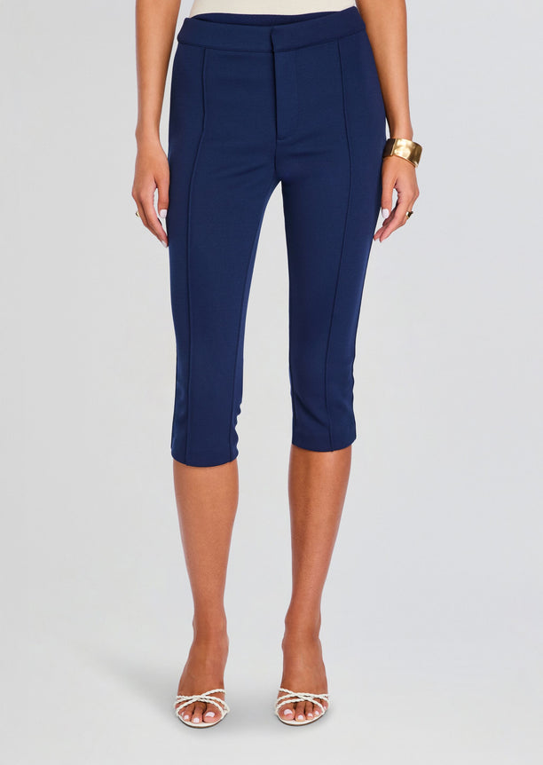 Navy Samra Capri Pant close up from waist to mid calf with tailored fit