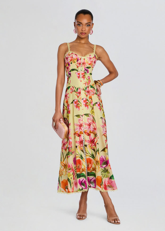 Full-length view of a model wearing the Solara Long Dress a yellow floral maxi with lace trim and thin straps media 1 of 5