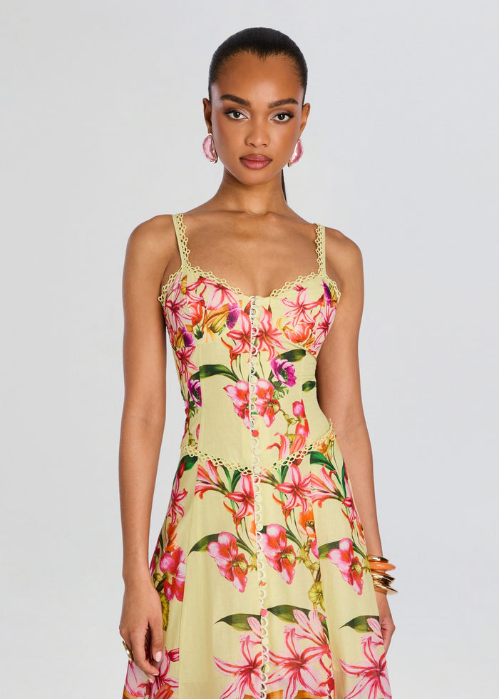 Solara Long Dress in pale yellow tropical floral print with lace trim and button front media 5 of 5